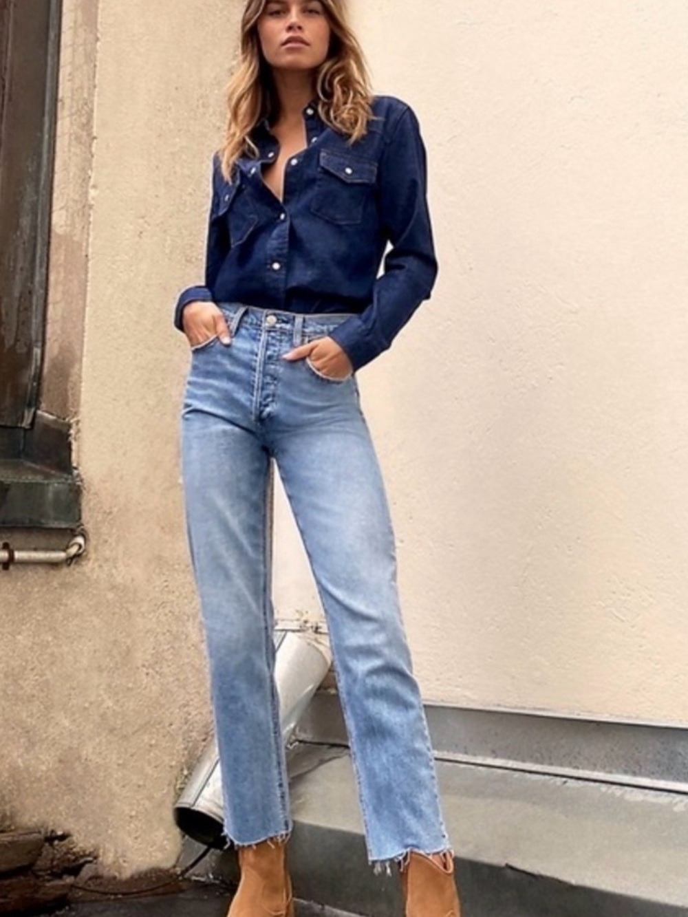 Denim Forum Women's Light Blue Straight-Leg Jeans with Frayed Hem